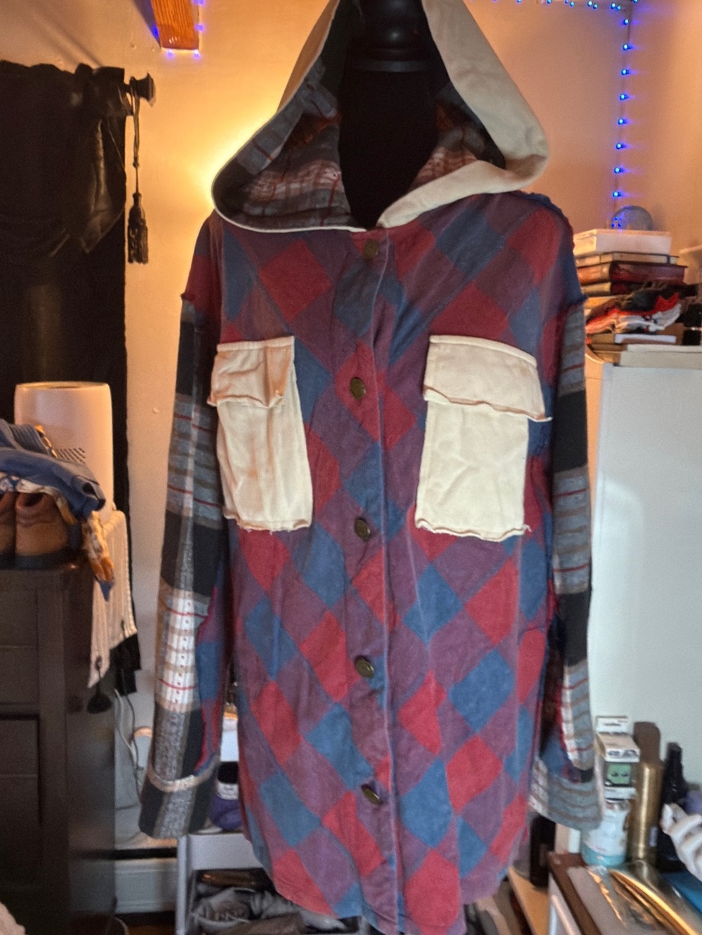 White Birch Black Label Hooded Patchwork Plaid Top